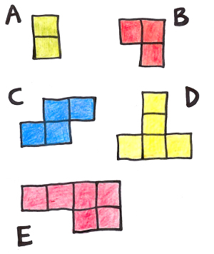 Fem ulike figurer. Alle fem er satt sammen av like store kvadrater. Figur A er satt sammen av to kvadrater. Figur B er satt sammen av tre kvadrater. Kvadratene står som bokstaven L. Figur C er satt sammen av fire kvadrater. To og to på rad. den ene raden er forskjøvet med én i forhold til den andre. Figur D er satt sammen av fem kvadrater. Figuren ser ut som store T. Figur E er satt sammen av seks kvadrater, fire på rad og to på rad rett under de fire første.